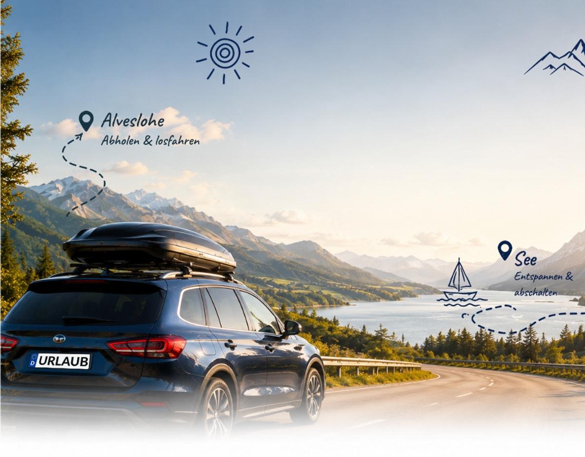 Auto mit montierter Dachbox vor dem HolidayRent-Standort in Alveslohe